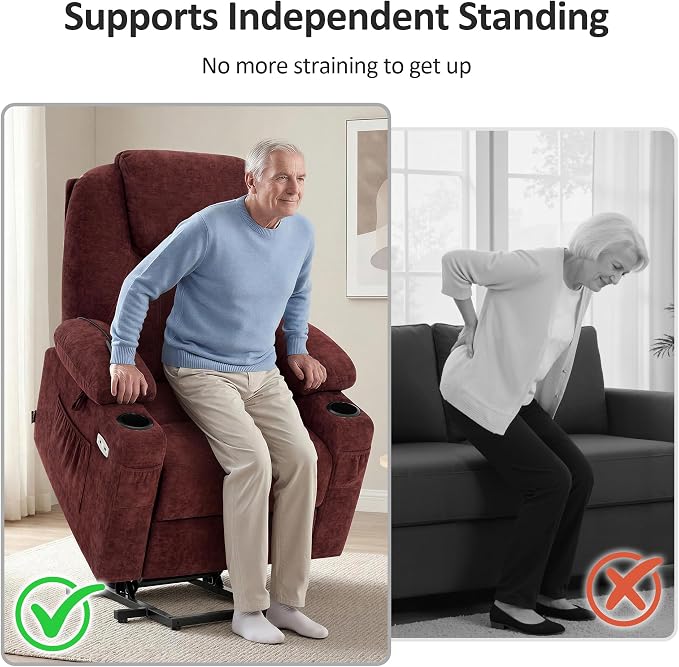 MCombo Power Lift Recliner Chair for Elderly, Lift Chair with Heat and Massage, USB&Type C Ports, Extended Footrest, Cup Holders, Fabric 7040 (Medium, Sangria)