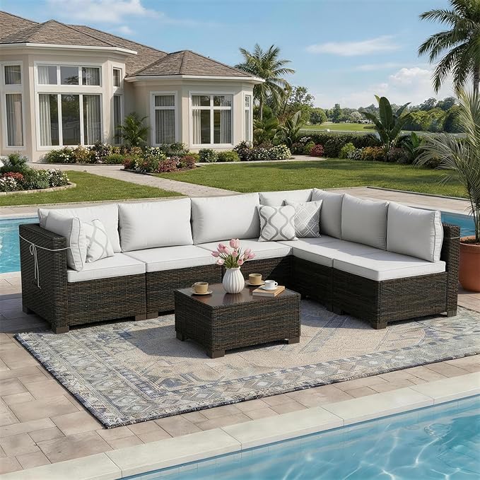 LAFWELL 7 Pieces Outdoor Patio Furniture Sets,Rattan Conversation Sectional Set,Manual Weaving Wicker Patio Sofa with Tea Table