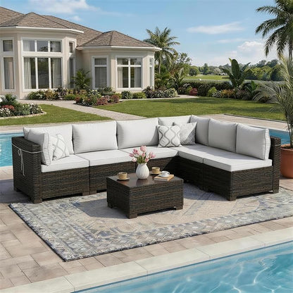 LAFWELL 7 Pieces Outdoor Patio Furniture Sets,Rattan Conversation Sectional Set,Manual Weaving Wicker Patio Sofa with Tea Table