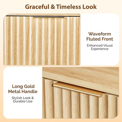 VINGLI Night Stand Set 2, Fluted Nightstands with Drawer, Mid Century Modern Nightstands Set of 2, Bedside Table, End Table, Wood Nightstand for Bedroom, Natural Oak, 15.75" W*11.81" D*21.85" H