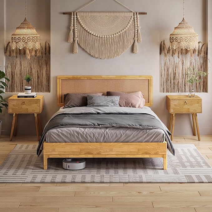 Bme Nipe Bed Frame with Headboard, Bohemian and Mid-Century Modern Style, Solid Rubber Wood Platform Bed with Slat Support, No Box Spring Needed, Easy Assembly, Queen - Light Natural