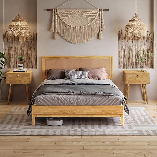 Bme Nipe Bed Frame with Headboard, Bohemian and Mid-Century Modern Style, Solid Rubber Wood Platform Bed with Slat Support, No Box Spring Needed, Easy Assembly, Queen - Light Natural