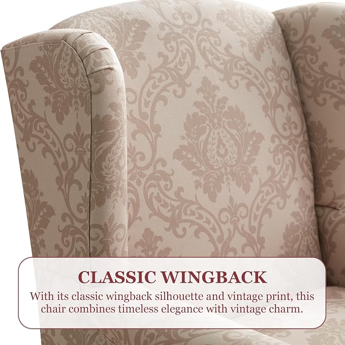 HUIMO Printed Wingback Accent Chair, Linen Upholstered High Back Armchair, Comfy Reading Chair for Living Room Bedroom Study, 300lbs Weight Capacity (1, Brown Floral)