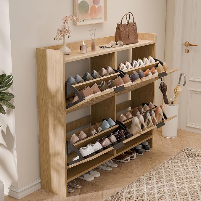 MU 46.5" W Fluted Shoe Storage Cabinet for Entryway, Shoe Cabinet with 4 Flip Drawers, Narrow Wood Shoe Rack Cabinet, Freestanding Hidden Shoe Organizer with Wooden Legs for Hallway, Entrance, Oak