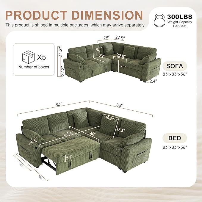Hanherry Sectional Couch with Pull Out Sofa Bed,Corduroy Sleeper Sofa with 2 Seat Storage & USB Charging,Comfy L Shaped Modular Couches for Living Room,Apartment