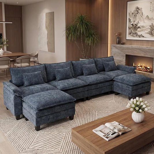 URRED Oversized Modular Sectional Sofa, 157" U Shaped Modern Comfy Cloud Couch with Movable Ottoman & Pillows, Deep Seat Couches for Living Room, Bedroom or Apartment (Chenille Blue, 157" U Shaped)