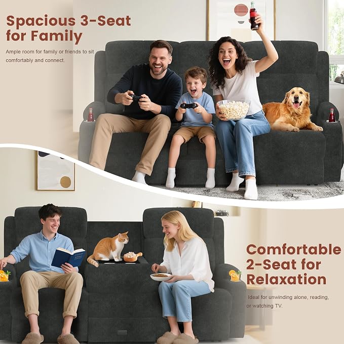 Loveseat Recliner, 3 Seater Massage Reclining Sofa Sets Fabric Recliner Sofa, RV Loveseat Couch Clearance with Drop Down Table, Storage, Cup Holders, Wall Hugger Reclining Couch for Living Room