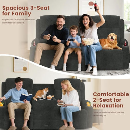 Loveseat Recliner, 3 Seater Massage Reclining Sofa Sets Fabric Recliner Sofa, RV Loveseat Couch Clearance with Drop Down Table, Storage, Cup Holders, Wall Hugger Reclining Couch for Living Room