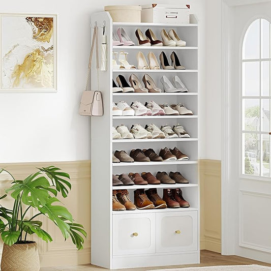 Hzuaneri Shoe Storage Cabinet, 10 Tiers Shoe Cabinet with 2 Cloth Drawers, Wooden Freestanding Shoes Organizer with 2 Hooks, 30-35 Pairs, Shoes Cubby Organizer for Entryway, White SR56303MI