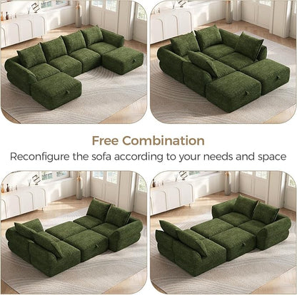 132" Modular Sectional Sofa with Deep Seat, U-Shaped Cloud Couch for Living Room, 4-Seater Boneless Sofa with 2 Ottomans, Flexible Combination Modern Upholstery Sofa, No Assembly Required, Algae Green
