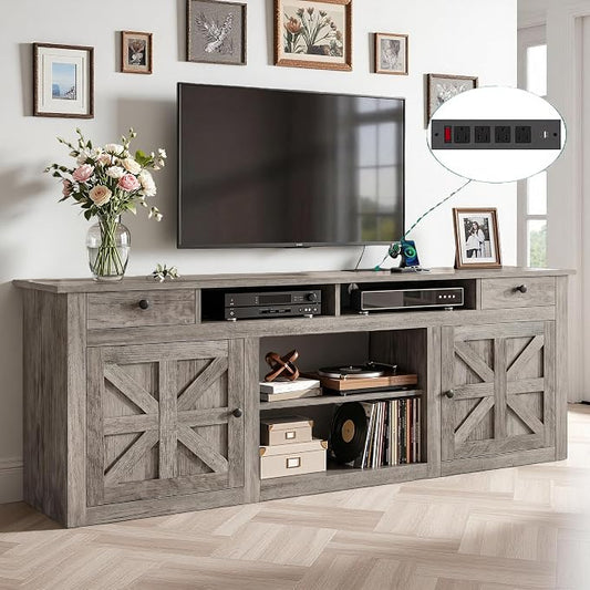 YITAHOME 70" Farmhouse TV Stand for 75/80 Inch TVs, Entertainment Center with Drawers, Adjustable Shelves & Built-in Power Outlet, Stable Anti-Tip TV Console Cabinet for Living Room, Washed Grey