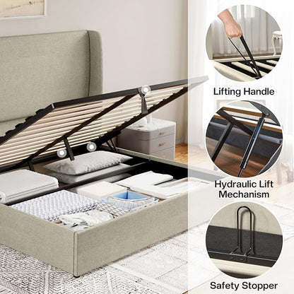 Jocisland Queeen Size Upholstered Platform Bed Frame with Hydraulic Lift Storage, Wingback Headboard, Wood Slats Support, No Box Spring Needed, Linen Off Khaki