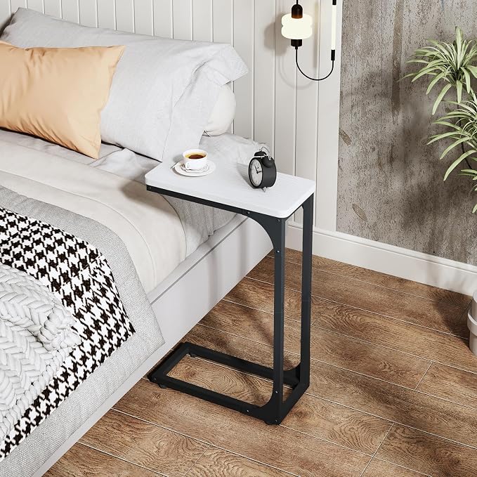QEEIG Narrow C Shaped Side Table Set of 2 Living Room Sets Slim Couch Tray Tables Skinny Thin Small Modern 7 inch Width, White and Black (017-18WB)