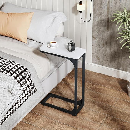 QEEIG Narrow C Shaped Side Table Set of 2 Living Room Sets Slim Couch Tray Tables Skinny Thin Small Modern 7 inch Width, White and Black (017-18WB)