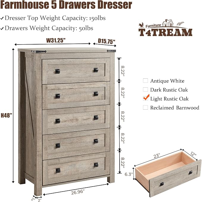 T4TREAM 48" Tall Farmhouse 5-Drawer Dresser for Bedroom, Light Rustic Oak | Rustic chests of drawers, Wood Storage Cabinet, Metal Handle, Unique Corner Accent, Bedroom, Living Room, Hallway