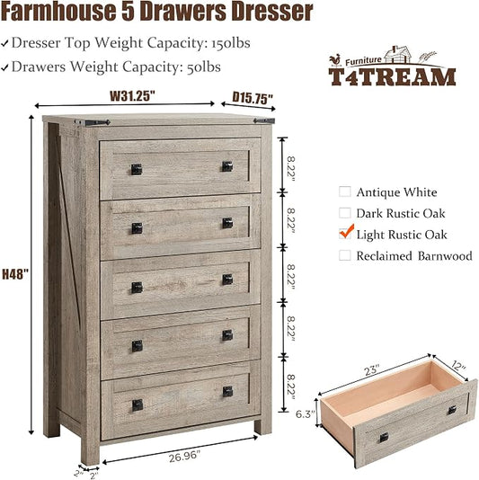 T4TREAM 48" Tall Farmhouse 5-Drawer Dresser for Bedroom, Light Rustic Oak | Rustic chests of drawers, Wood Storage Cabinet, Metal Handle, Unique Corner Accent, Bedroom, Living Room, Hallway