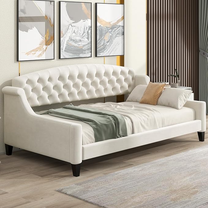 Ball & Cast Twin Size Daybed,Velvet Upholstered Day Bed Frame with Button Tufted Backrest,Modern Sofa Bed for Living Room, Bedroom,Guest Room,No Box Spring Needed,Beige