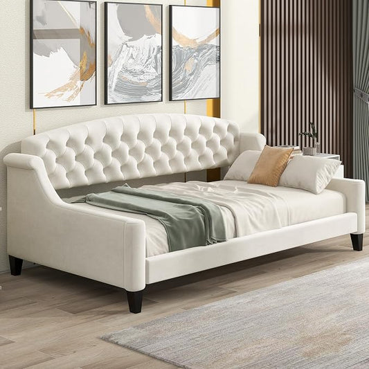 Ball & Cast Twin Size Daybed,Velvet Upholstered Day Bed Frame with Button Tufted Backrest,Modern Sofa Bed for Living Room, Bedroom,Guest Room,No Box Spring Needed,Beige