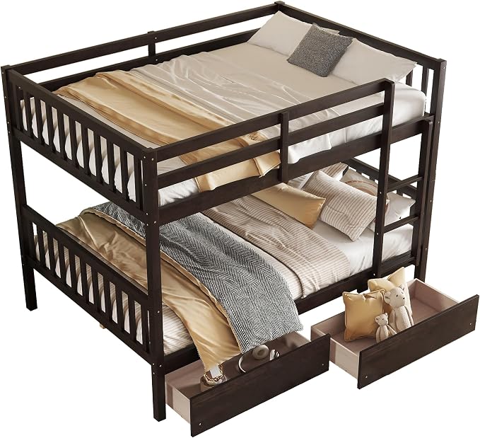 Harper & Bright Designs Full Over Full Bunk Bed with 2 Drawers, Convertible into 2 Beds, Bunk Bed with Ladder and Safety Guardrails, Espresso