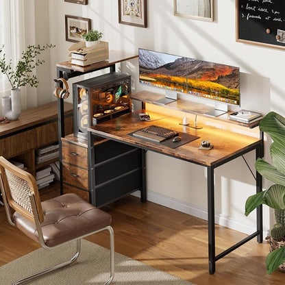 HLDIRECT 60 inch Gaming Desk with 3 Fabric Drawers & Side Hooks-Reversible Home Office Computer Desk with Power Outlets & Led Lights, Gamer Desk Table with Monitor Stand, Rustic Brown