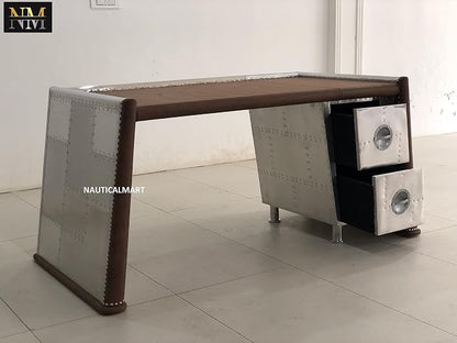 NauticalMart Brancaster Desk, Distress Chocolate Top Grain Leather & Aluminum Table Aviator Furniture Home and Office Decor (62 Inches)