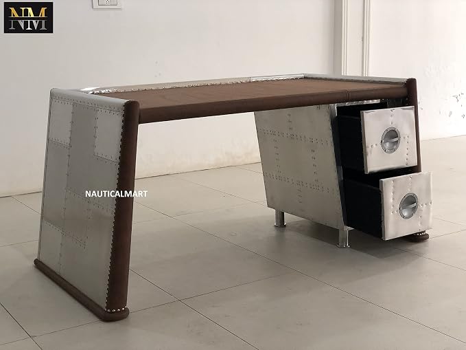NauticalMart Brancaster Desk, Distress Chocolate Top Grain Leather & Aluminum Table Aviator Furniture Home and Office Decor (68 Inches)