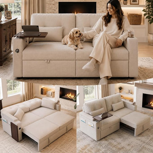 73" Queen Size Sofa Bed, Loveseat Sleeper Sofa with Pull Out Bed, 360° Swivel Table and USB, Modern 2 Seater Convertible Corduroy Couch for Living Room Bedroom Apartment, Beige