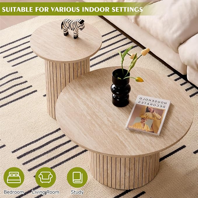 Round Nesting Coffee Table Set of 2, Fluted for Small Spaces | Modern style, suitable for living rooms, roller design, wooden