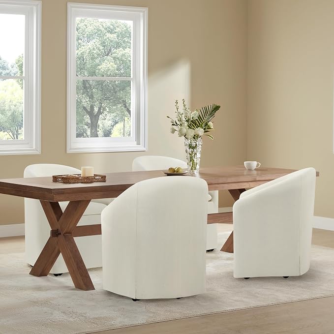KISLOT Upholstered Dining Chairs with Casters, Washable Cover Modern Dining Room Chairs with Barrel Backrest & Dual Armrest for Kitchen, Living Room, Bedroom, Linen Fabric, 4PCS