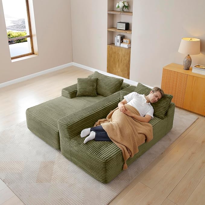 105-Inch L-Shaped Left Facing Corner Compressed Sofa Modular Sectional Boneless Cloud Sofa Floor Foam Couch with Chaise Lounge, Corduroy Corner Boneless Cloud Couch