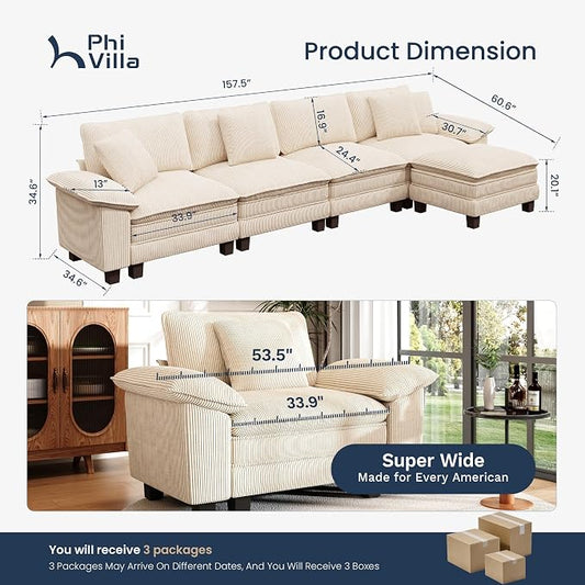 PHI VILLA Cloud Modular Couch Sets, 123.6" Sectional Sofa with L-Shaped Chaise, 4-Seater Upholstered Couches with Movable Ottoman for Living Room, Corduroy Fabric, Beige