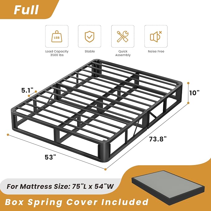 MAF 10 Inch Full Size Box Spring, High Profile Box Spring Full Size Bed Base, 3500 lbs Black Heavy Duty Metal Mattress Foundation with Easy Clean Fabric Cover, Easy Assembly