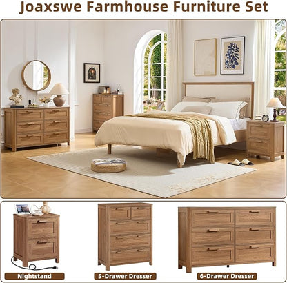 Joaxswe Farmhouse 6 Drawer Dresser for Bedroom, Horizontal Dressers with 6 Deep Drawers & 4 Thickened Table Legs, Brown