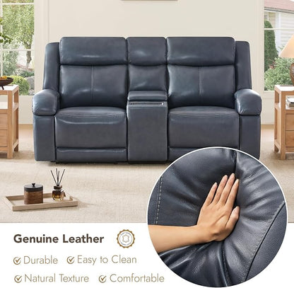 Watson & Whitely Genuine Leather Power Loveseat Recliner Sofa, Wall Hugger Loveseat Reclining Sofa with Storage Console, Power Headrest, Cup Holders, Dual Recliners for Living Room, RV, Navy Blue