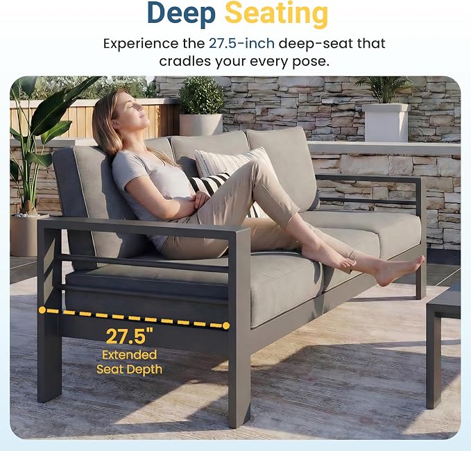 Wisteria Lane Aluminum Outdoor Sofa, 3 Pieces Patio Couch All-Weather Rust-Proof Modern Metal Patio Furniture with 5" Thick Olefin Cushions, Light Grey