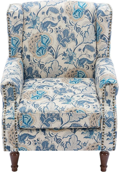 Pia Ricco High Back Floral Accent Chair - Retro Wingback Upholstered Armchair with Nailhead Trim, Solid Wood Legs, Fabric Living Room Bedroom Reading Chair (Flower Blue)