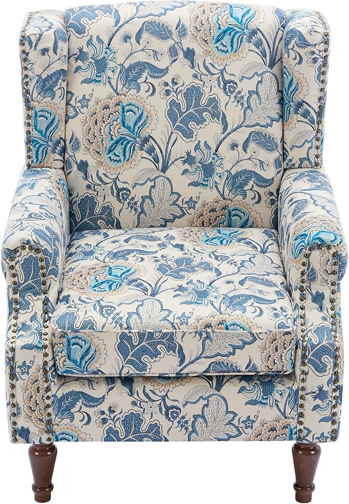 Pia Ricco Set of 2 Floral Accent Chairs, High Back Upholstered Armchairs with Retro Wingback Design, Nailhead Trim & Solid Wood Legs for Living Room Bedroom(Flower Blue)