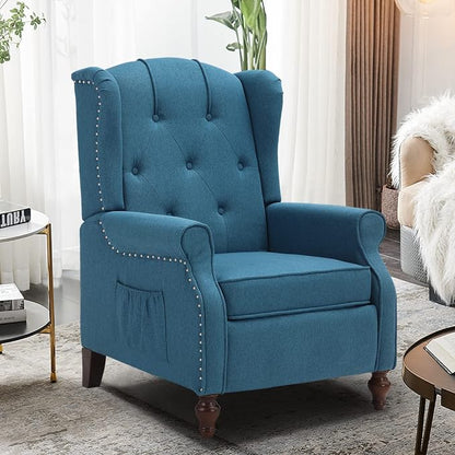 Wingback Recliner with Massage and Heat, Tufted Fabric Push Back Recliner Chair for Living Room, Vintage Wingback Chair with Remote Control, Small Recliners for Small Spaces
