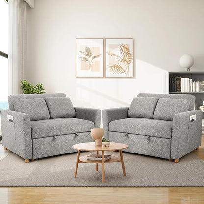 SEJOV Convertible Sofa Bed, 3-in-1 Sleeper Sofa Pull Out Couch Bed, 2-Seater Linen Fabric Loveseat Futon Sofa with Spring Support, Adjustable Backrest for Small Spaces, Living Room, Grey