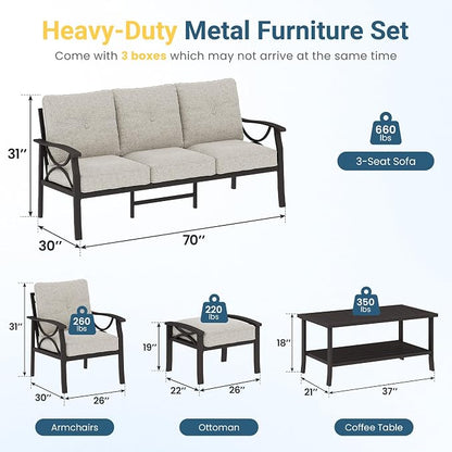 RoyalCraft Outdoor Patio Furniture Set, 7 Seats Outdoor Patio Set with 4" Thick Cushion, All-Weather Metal Patio Sofa with Coffee Table, Outdoor Sectional Furniture for Porch Backyard, Khaki&Beige