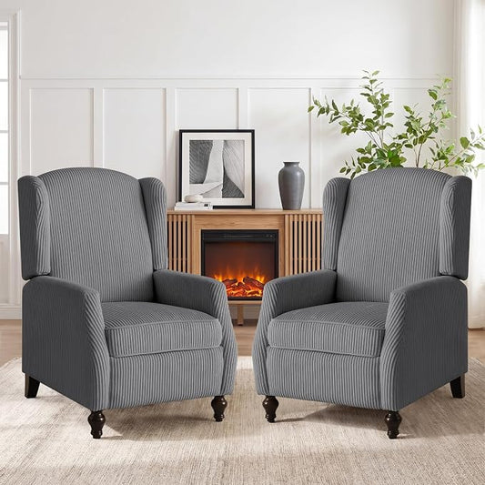 Upholstered Wingback Recliner Chair, Cozy Corduroy Manual Push Back Recliner for Living Room, Bedroom (2, Gray)