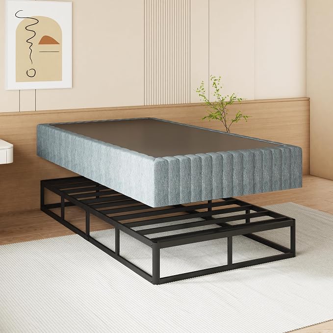 NHODIR 9 Inch Box Spring Twin Size Bed Base, Heavy Duty Metal Twin Mattress Foundation with Upholstered Fabric Cover, Noise Free, Easy Assembly, Black