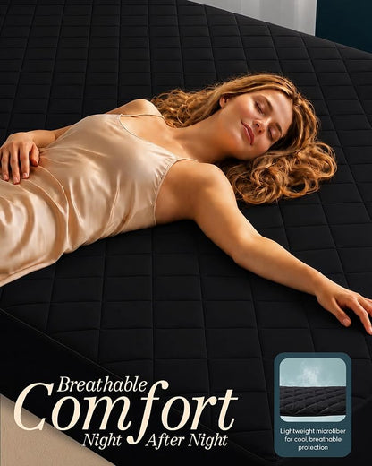Quilted Fitted Mattress Pad, Queen Mattress Protector Topper with Deep Pocket Stretches up to 16 Inches, Machine Washable Mattress Cover by Utopia Bedding (Black)
