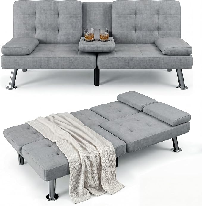 Flamaker Futon Sofa Bed Modern Folding Futon Set Linen Fabric Convertible Recliner Lounge for Living Room with 2 Cup Holders, Removable Armrests (Fabric, Light Grey)