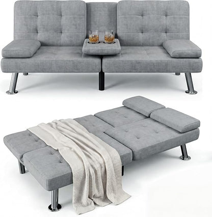 Flamaker Futon Sofa Bed Modern Folding Futon Set Linen Fabric Convertible Recliner Lounge for Living Room with 2 Cup Holders, Removable Armrests (Fabric, Light Grey)