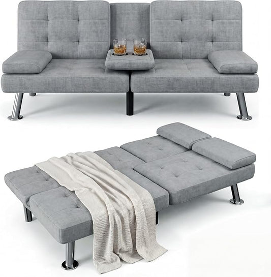 Flamaker Futon Sofa Bed Modern Folding Futon Set Linen Fabric Convertible Recliner Lounge for Living Room with 2 Cup Holders, Removable Armrests (Fabric, Light Grey)