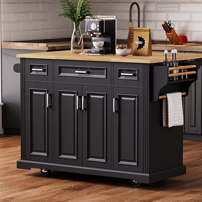 Large Kitchen Island with Rubber Wood Drop Leaf, Rolling Kitchen Cart with Ample Storage on Wheels with Doors and Drawers, Embossed Texture for Dining Room (Black, Silver Handle, 54Inch)