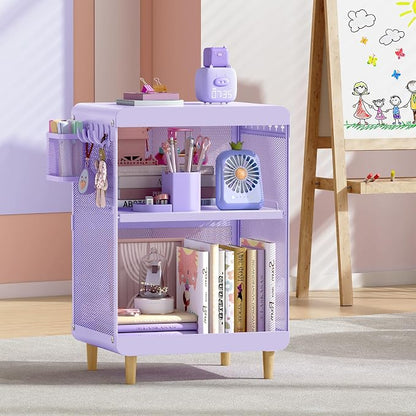 SYKIARIOL Kids Nightstand for Girls, Metal Bedside Table with 4 Hooks & Hanging Basket, 3-Tier Storage Shelf, Toddler Night Stand for Bedroom, Purple