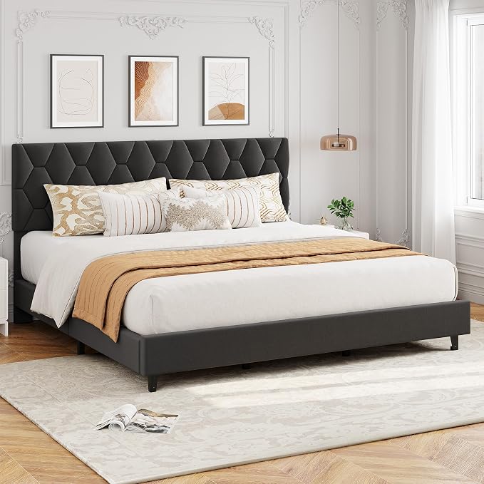 GAOMON Grey King Upholstered Bed Frame with Headboard, Heavy-Duty Platform Bed Frame with Strong Wood Slats, No Box Spring Needed/Easy Assembly/Noise Free