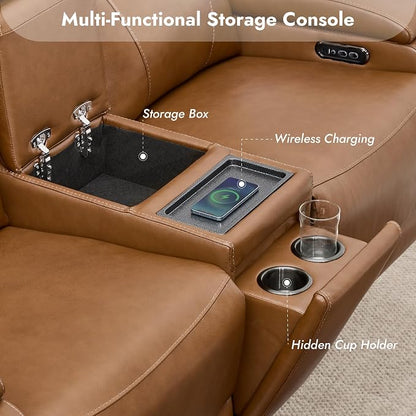 Watson & Whitely Genuine Leather Power Loveseat Recliner Sofa, Zero Gravity Reclining Sofa with Console, Power Headrest & Wireless Charging, Cup Holder, 2-Seater Recliner for Living Room, Saddle Brown